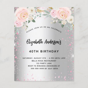 Birthday silver pink florals glitter invitation flyer