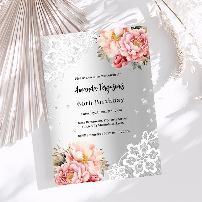Birthday silver pink florals lace invitation (Creator Uploaded)