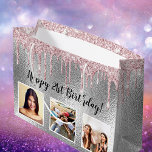 Birthday silver pink glitter drips custom photo large gift bag<br><div class="desc">For a girly and glamourous 21st (or any age) birthday.  A faux silver metallic looking background with pink faux glitter drips,  paint dripping look. Personalize and add 3 photos and age 21. Black text.</div>