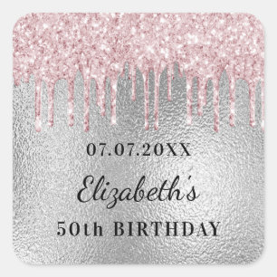 Birthday silver pink glitter drips name  square sticker