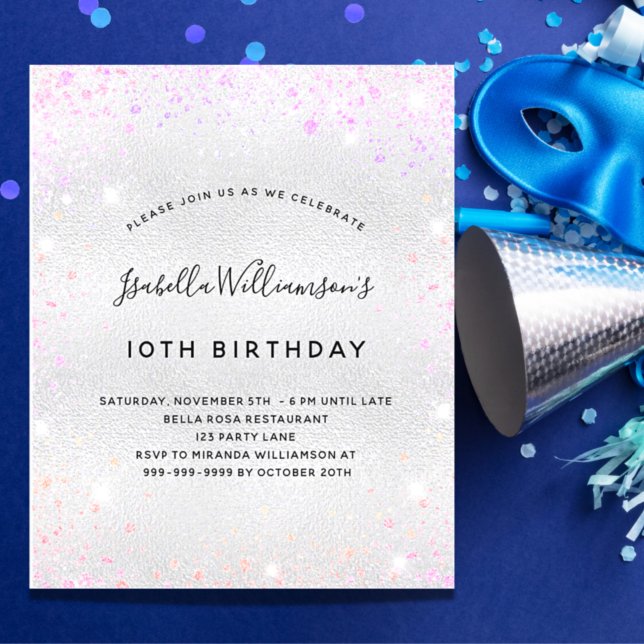 Birthday silver pink purple glitter invitation (Creator Uploaded)