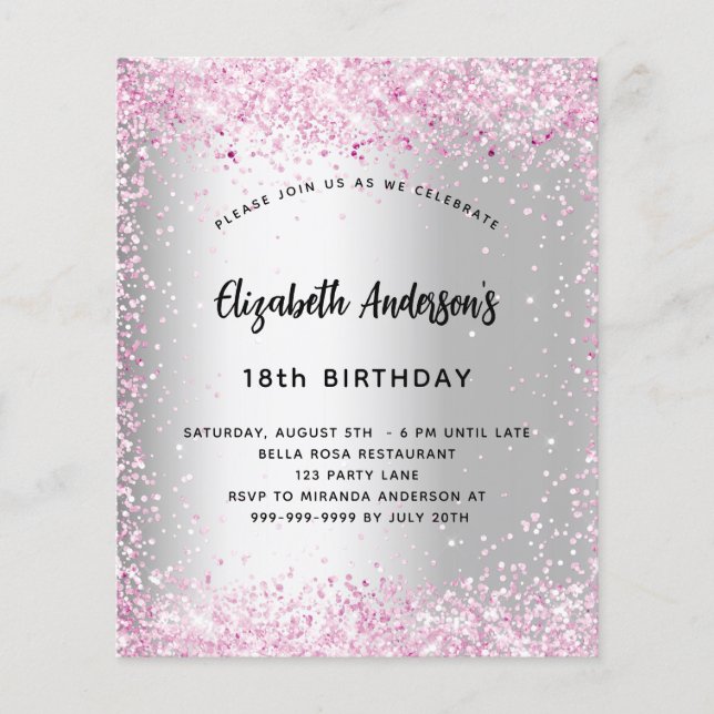 Birthday silver pink sparkle budget invitation (Front)