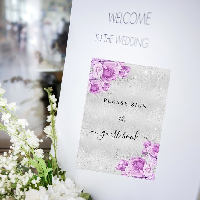 Birthday silver pink violet floral guest book sign (Creator Uploaded)