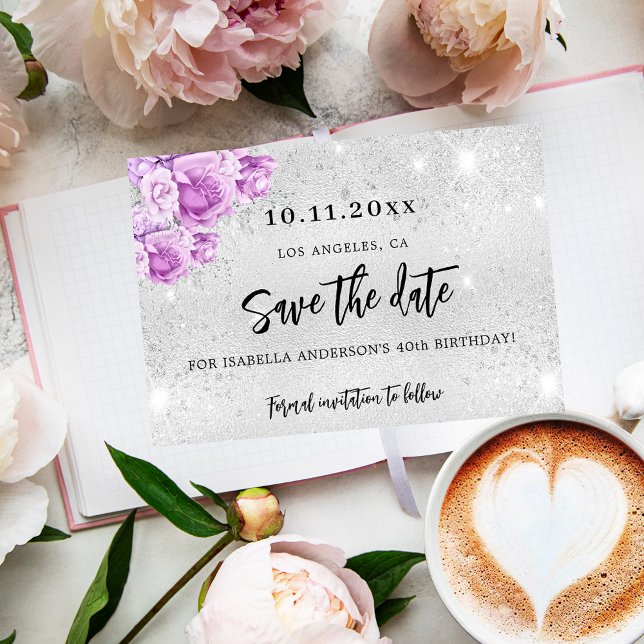 Birthday silver pink violet flowers Save the Date Announcement Postcard (Creator Uploaded)