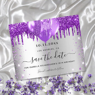 Birthday silver purple budget save the date flyer
