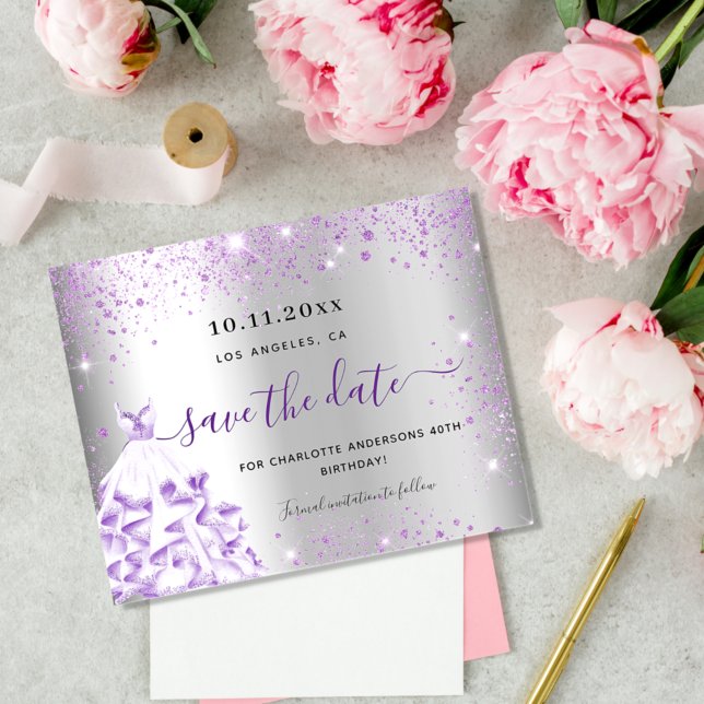 Birthday silver purple dress budget save the date flyer (Creator Uploaded)