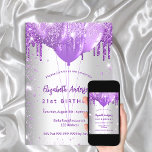 Birthday silver purple drips balloons invitation<br><div class="desc">For an elegant 18th (or any age) birthday.  A stylish faux silver looking background. Decorated with purple drips and balloons.  Personalize and add a name,  age and party details. The name is written with a hand lettered style script</div>