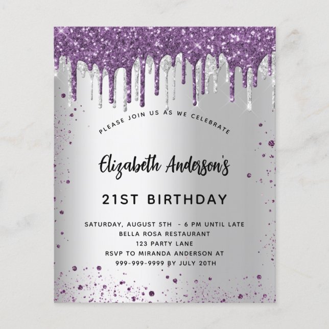 Birthday silver purple glitter budget invitation flyer (Front)