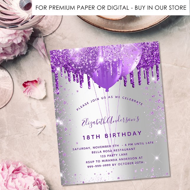 Birthday silver purple glitter budget invitation  flyer (Creator Uploaded)
