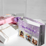 Birthday silver purple glitter custom photo name large gift bag<br><div class="desc">For a girly and glamourous 21st (or any age) birthday.  A faux silver metallic looking background with purple faux glitter drops. Personalize and add 3 photos ,  age 21 and a name. Purple text.</div>
