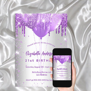 Birthday silver purple glitter drips balloons invitation