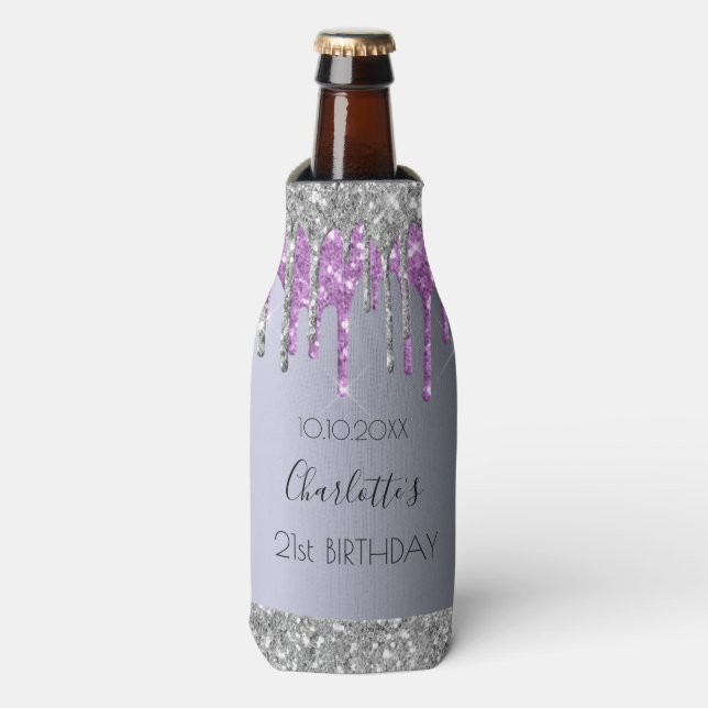 Birthday silver purple glitter drips bottle cooler (Bottle Front)