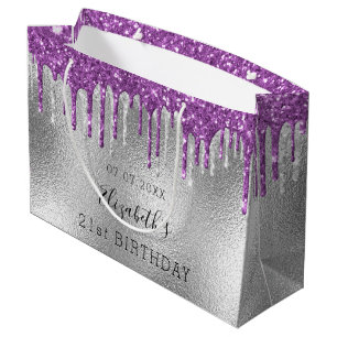 Birthday silver purple glitter drips large gift bag