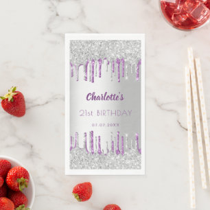 Birthday silver purple glitter drips monogram napkin