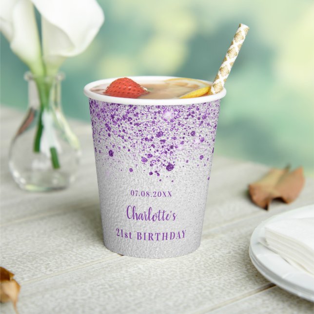 Birthday silver purple glitter dust monogram  paper cups (Insitu)