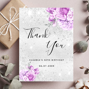 Birthday silver purple glitter floral thank you card