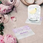 Birthday silver purple glitter monogram square paper coaster<br><div class="desc">For a girly and glamourous 21st (or any age) birthday party.  A silver faux metallic looking background with purple faux glitter drops. The text: The name is written in purple modern hand lettered style script. Personalize and add a name,  age 21 and a date.</div>