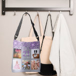 Birthday silver purple glitter photo collage name crossbody bag<br><div class="desc">A unique gift for a girl/woman's 21st (or any age) birthday, celebrating her life with a collage of 5 of your own photos, pictures. Personalize and add her name, age 21 and a date. A faux silver metallic looking background. Decorated with purple faux glitter dust. Purple and white letters and...</div>