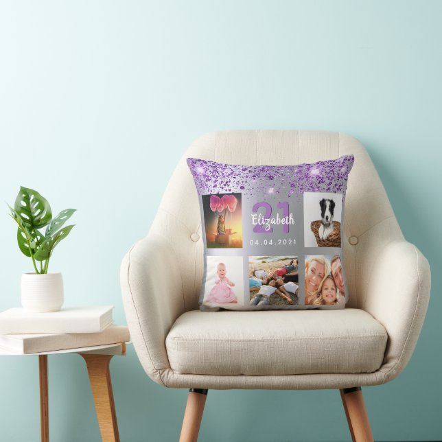 Birthday silver purple glitter photo collage name throw pillow (Chair)