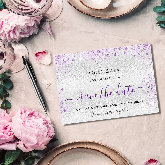 Birthday silver purple glitter save the date  (Creator Uploaded)