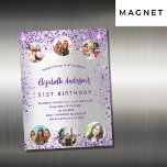 Birthday silver purple photo friends luxury magnetic invitation<br><div class="desc">A girly and feminine 21st (or any age) birthday party magnetic invitation. On front: A trendy faux silver looking background. Decorated with dark purple faux glitter,  sparkles. Personalize and add a name,  party details and 6 photos. The name is written with a hand lettered style script,   purple coloured letters.</div>