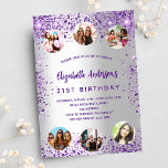 Birthday silver purple sparkles photo friends invitation postcard<br><div class="desc">A girly and feminine 21st (or any age) birthday party invitation. On front: A trendy faux silver looking background. Decorated with dark purple faux glitter, sparkles. Personalize and add a name, party details and 6 photos. The name is written with a hand lettered style script, purple coloured letters. Back: faux...</div>
