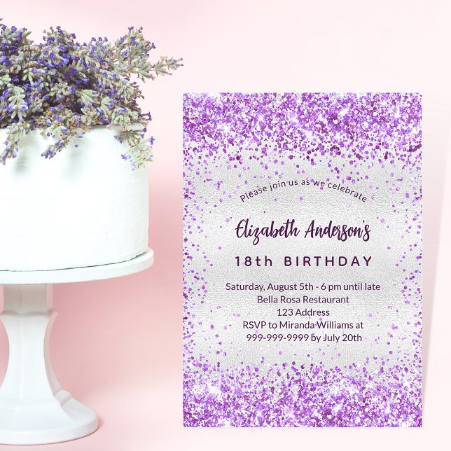 Birthday silver purple violet glitter glamourous invitation postcard (Creator Uploaded)