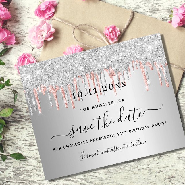 Birthday silver rose glitter budget save the date flyer (Creator Uploaded)
