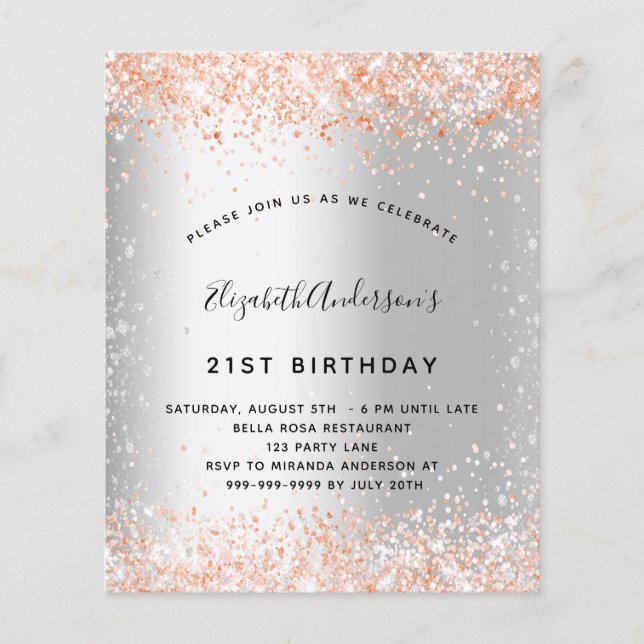 Birthday silver rose gold budget invitation flyer (Front)