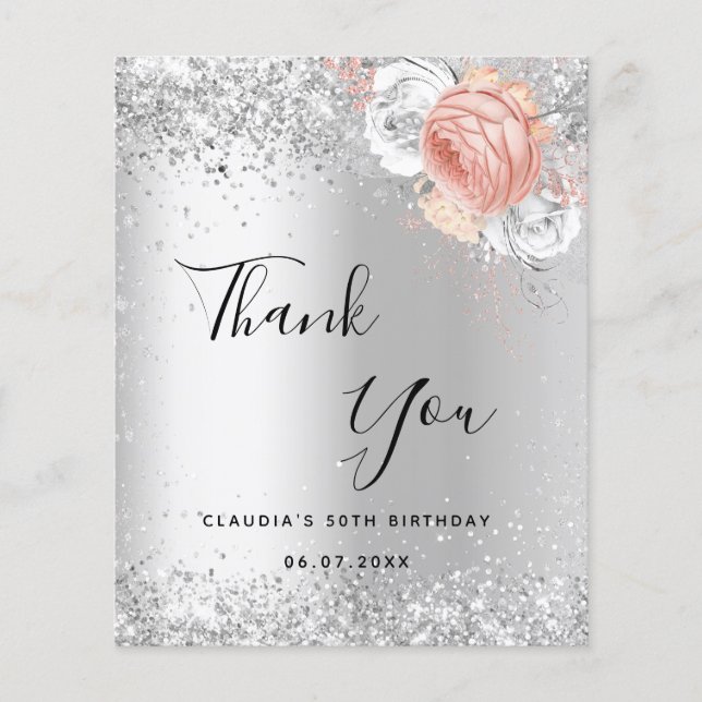 Birthday silver rose gold budget thank you card (Front)