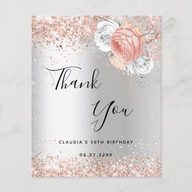 Birthday silver rose gold florals thank you card (Front)
