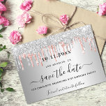 Birthday silver rose gold glitter drips save the date<br><div class="desc">A girly and trendy Save the Date card for a 21st (or any age) birthday party. A faux silver looking background decorated with rose gold and faux silver glitter drips, paint dripping look. Personalize and add a date and name/age. The text: Save the Date is written with a large trendy...</div>