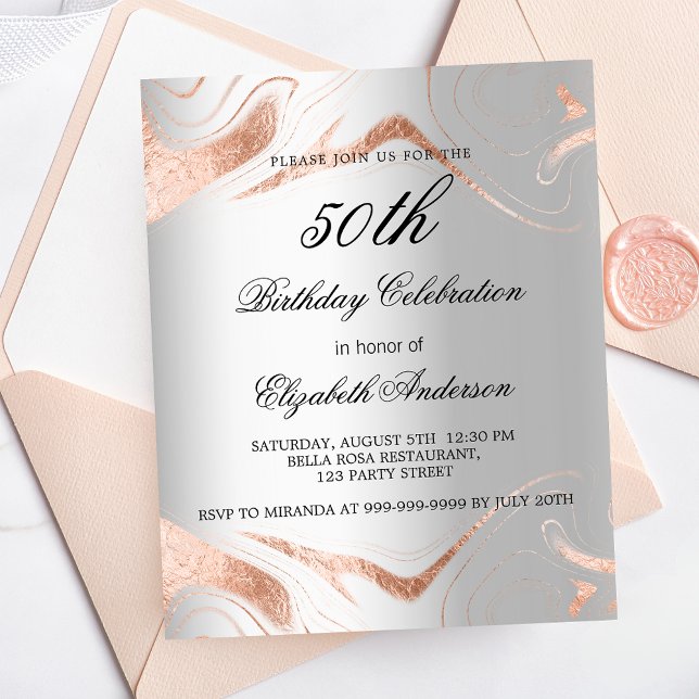 Birthday silver rose gold marble budget invitation (Creator Uploaded)
