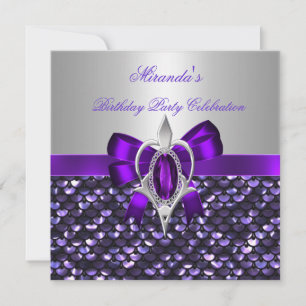 Birthday Silver Sequins Purple Diamond Bow Invitation