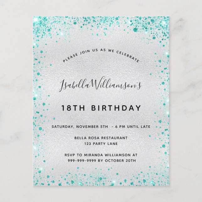 Birthday silver teal glitter budget invitation flyer (Front)