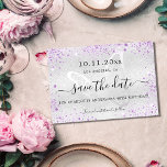 Birthday silver violet butterfly save the date announcement postcard<br><div class="desc">A girly and trendy Save the Date card for a 40th (or any age) birthday party. A modern faux silver looking background decorated with violet, lavender coloured faux glitter sparkles. Personalize and add a date and name/age 40. The text: Save the Date is written with a large trendy hand lettered...</div>