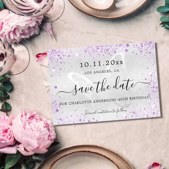 Birthday silver violet butterfly save the date announcement postcard (Creator Uploaded)