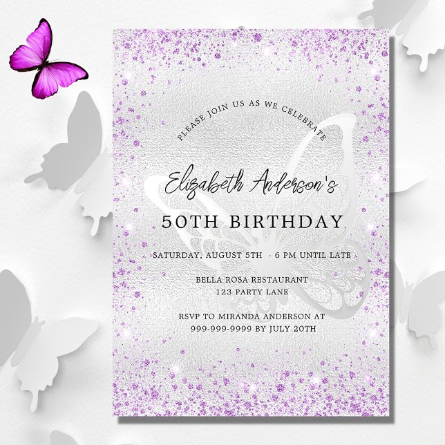 Birthday silver violet butterfly sparkles invitation (Creator Uploaded)