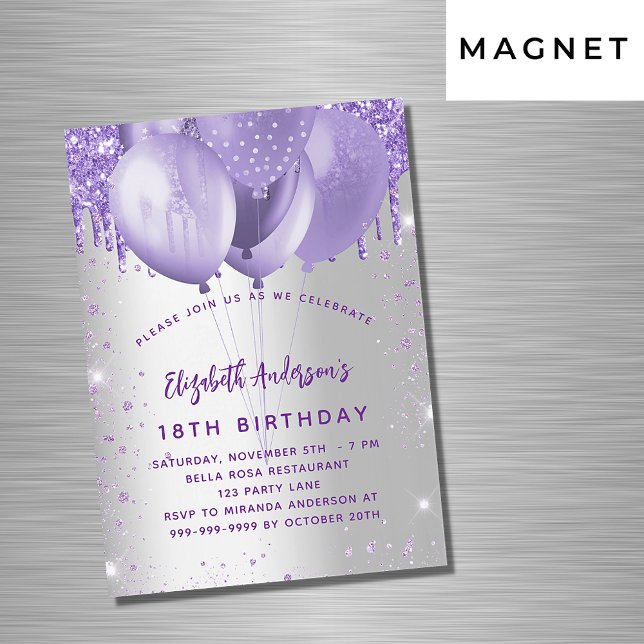 Birthday silver violet glitter balloons luxury magnetic invitation (Creator Uploaded)