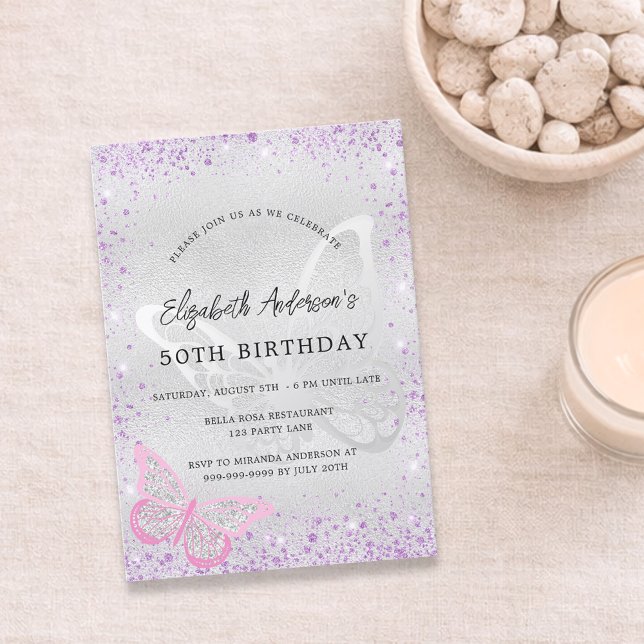 Birthday silver violet pink butterfly invitation (Creator Uploaded)