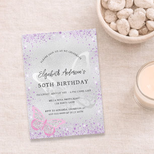 Birthday silver violet pink butterfly sparkles invitation