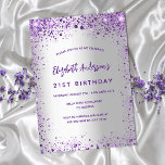 Birthday silver violet purple sparkles invitation<br><div class="desc">A girly and feminine 21st (or any age) birthday party invitation. On front: A trendy faux silver looking background. Decorated with dark purple and violet faux glitter, sparkles. Personalize and add a name, party details. The name is written with a hand lettered style script, purple coloured letters. Back: faux silver...</div>