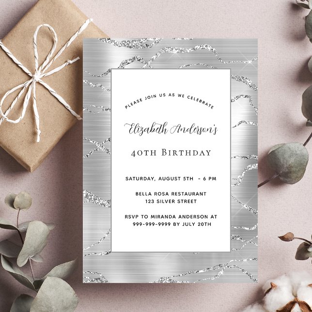 Birthday silver white elegant invitation (Creator Uploaded)
