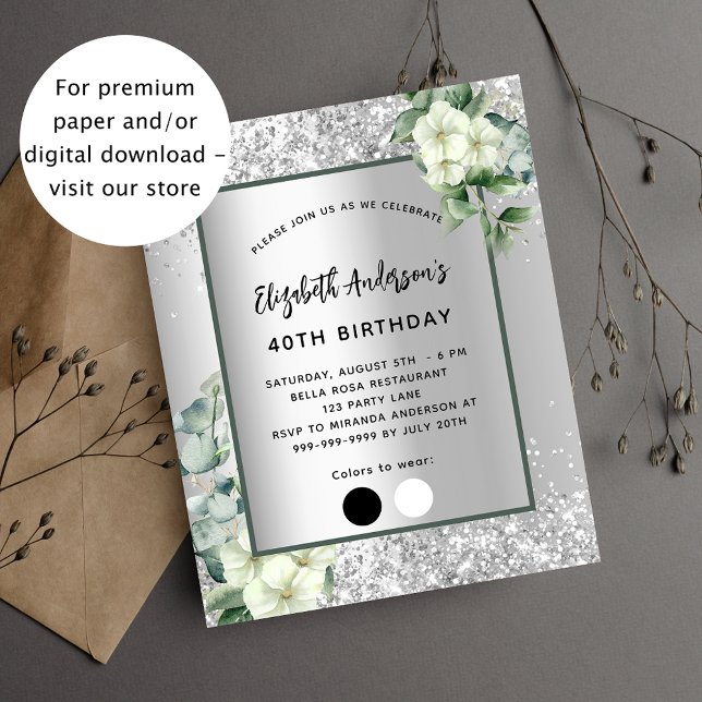 Birthday silver white floral eucalyptus invitation (Creator Uploaded)
