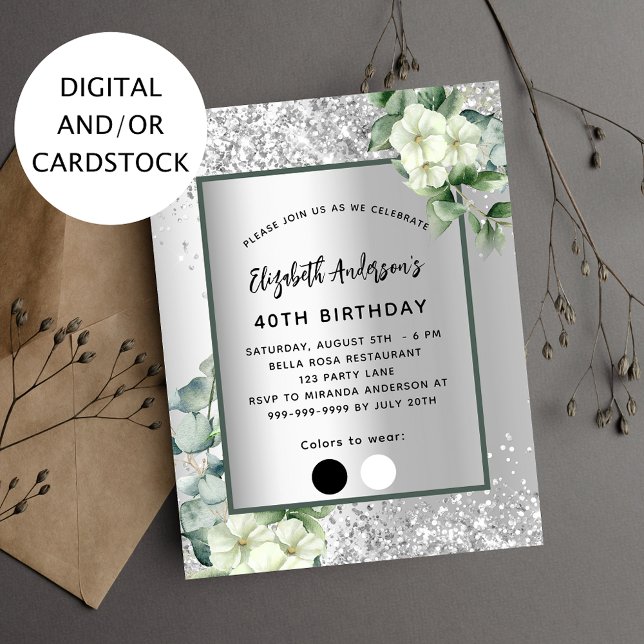 Birthday silver white florals attire palette invitation (Creator Uploaded)