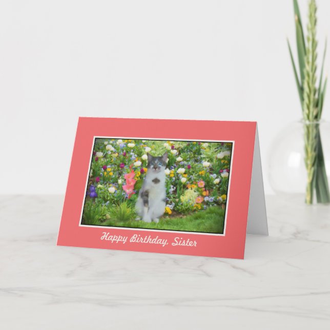 Birthday, Sister,Cat Among The Flowers Card (Front)