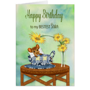 Birthday - Sister - Mouse in Tea Cup Resting