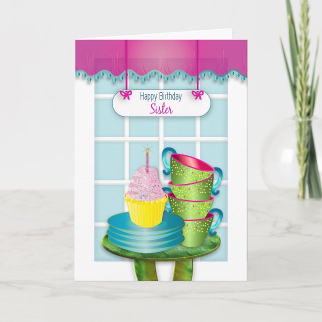 Birthday, Sister, Window and Cupcake and Cups Card (Front)