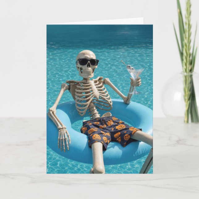 Birthday Skeleton Floating in a Swimming Pool Card (Front)