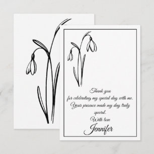 Birthday Snowdrop Floral Black And White Thank You Card
